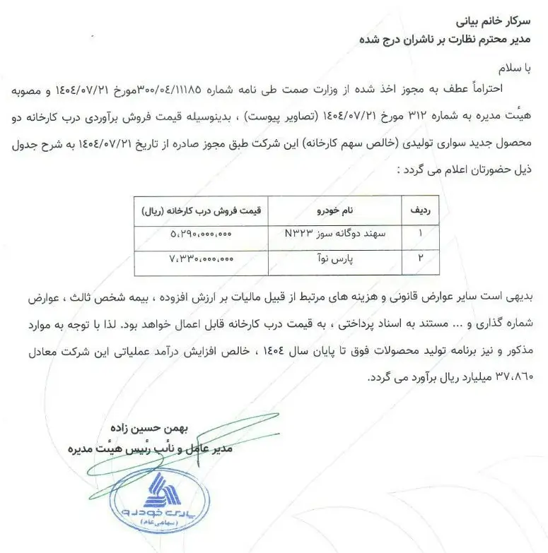 نامه قیمت سایپا مهر ماه