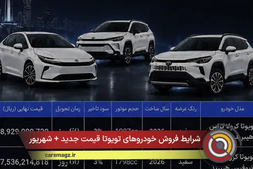 شرایط فروش خودروهای تویوتا قیمت جدید + شهریور 1405
